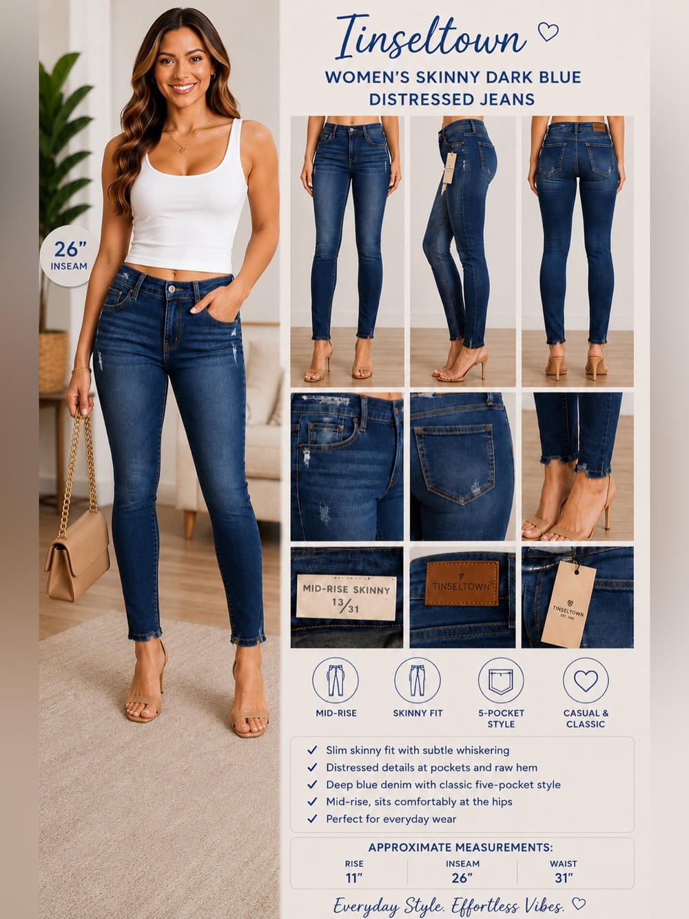 Tinseltown Women's Skinny Dark Blue Distressed Jeans W31 NEW